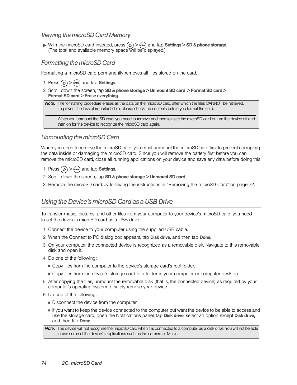 Viewing the microsd card memory, Formatting the microsd card, Unmounting the microsd card | Using the device’s microsd card as a usb drive | HTC EVO 4G User Manual | Page 84 / 197