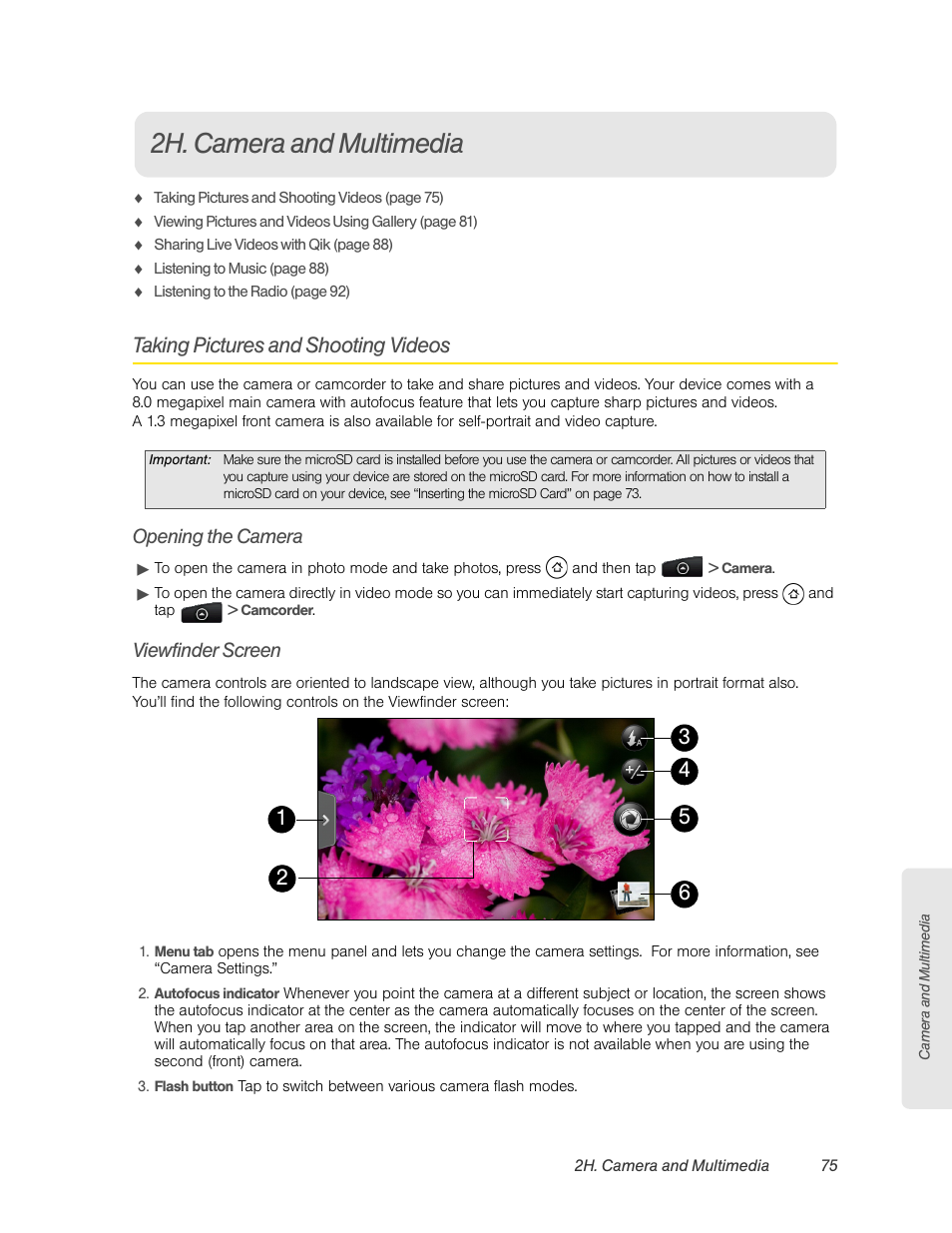 2h. camera and multimedia, Taking pictures and shooting videos, Opening the camera | Viewfinder screen | HTC EVO 4G User Manual | Page 85 / 197