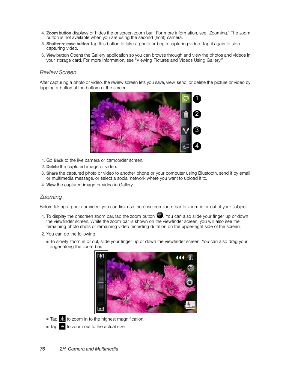 Review screen, Zooming | HTC EVO 4G User Manual | Page 86 / 197