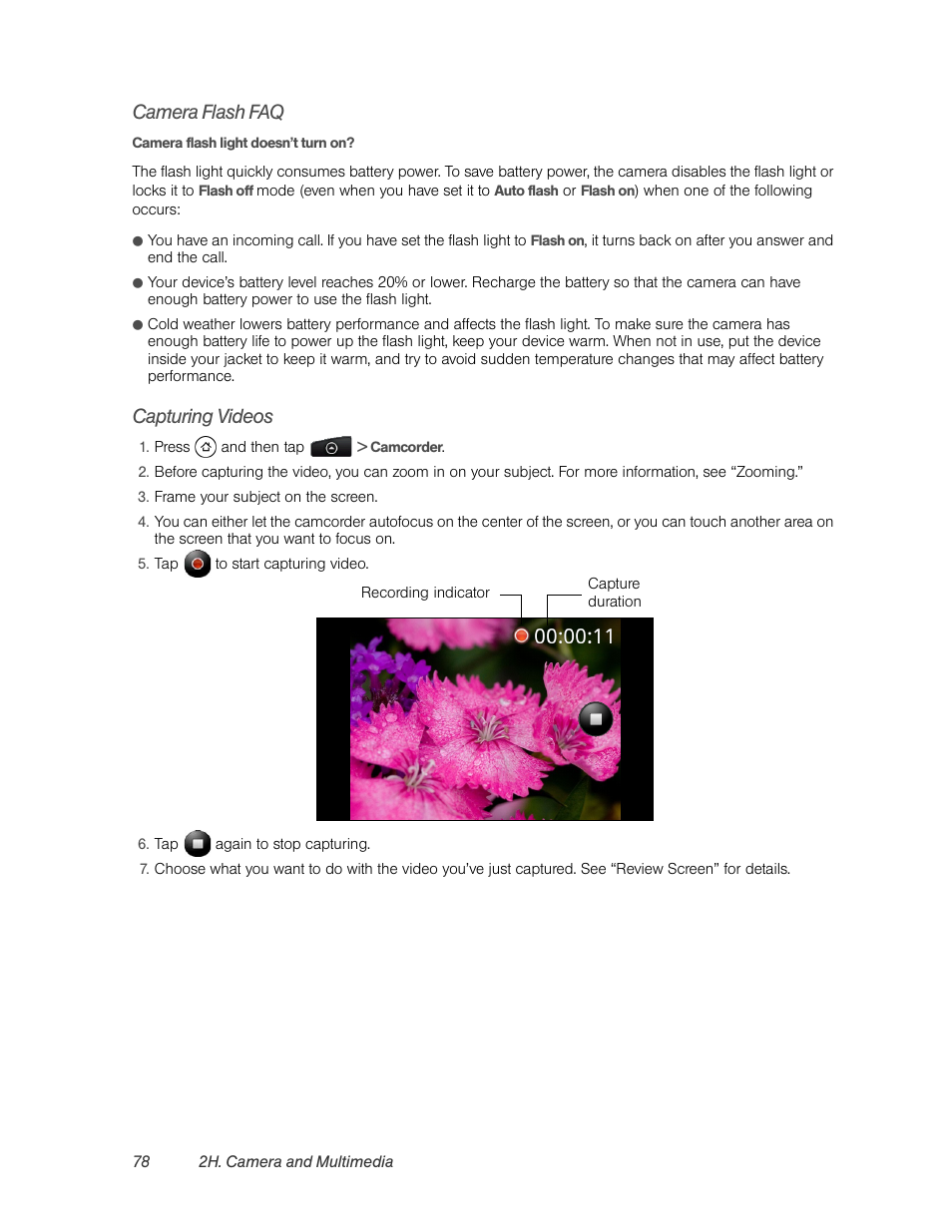 Camera flash faq, Capturing videos | HTC EVO 4G User Manual | Page 88 / 197