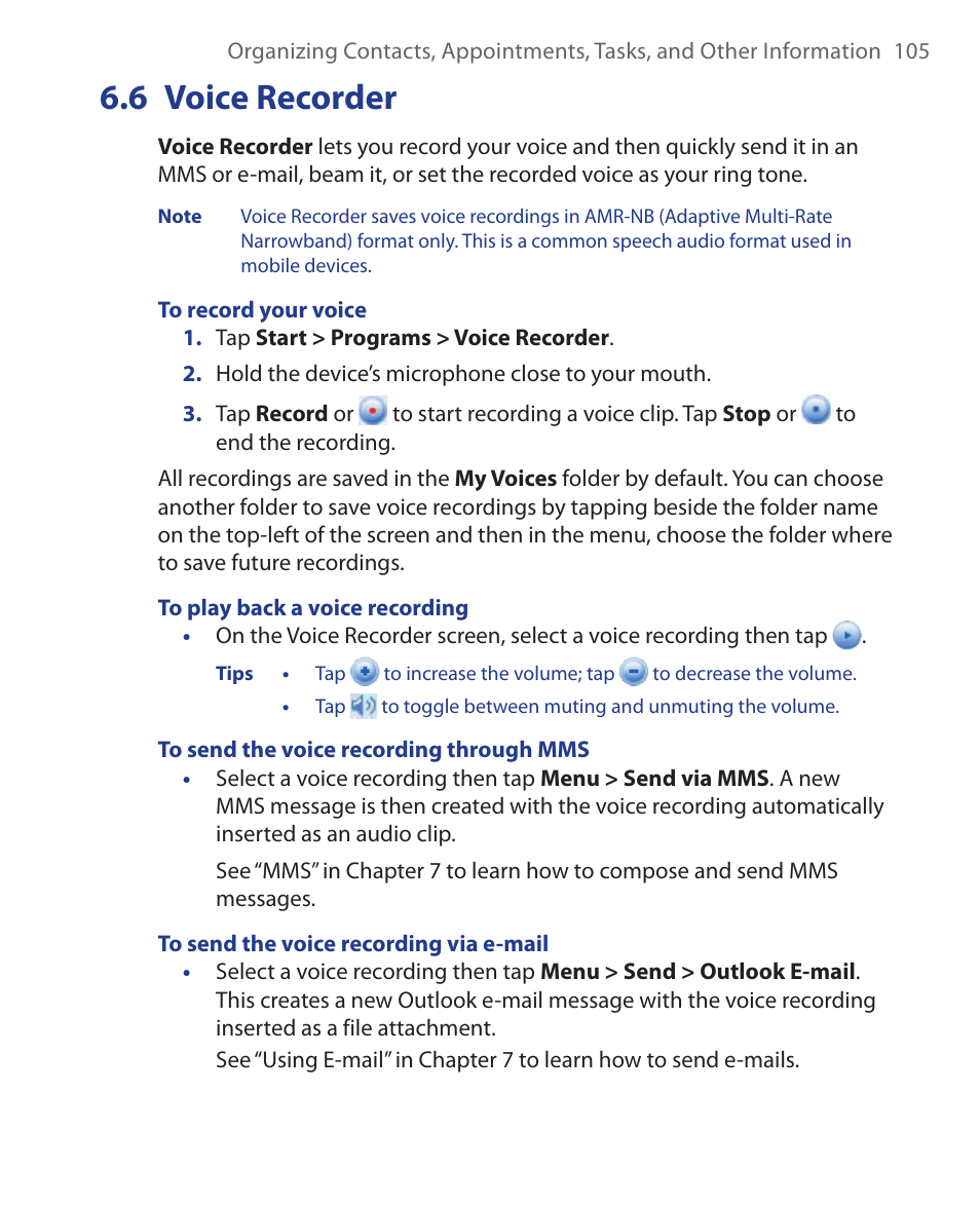 6 voice recorder | HTC Xda orbit 2 User Manual | Page 105 / 246