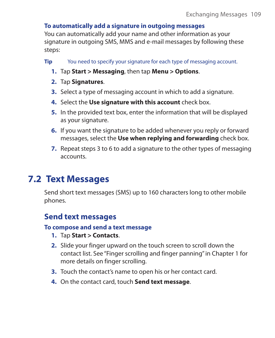 2 text messages, Send text messages | HTC Xda orbit 2 User Manual | Page 109 / 246