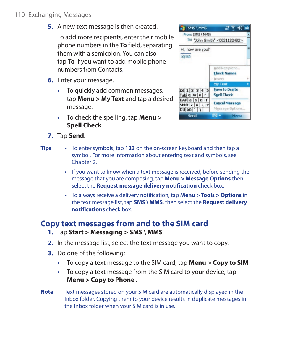Copy text messages from and to the sim card | HTC Xda orbit 2 User Manual | Page 110 / 246