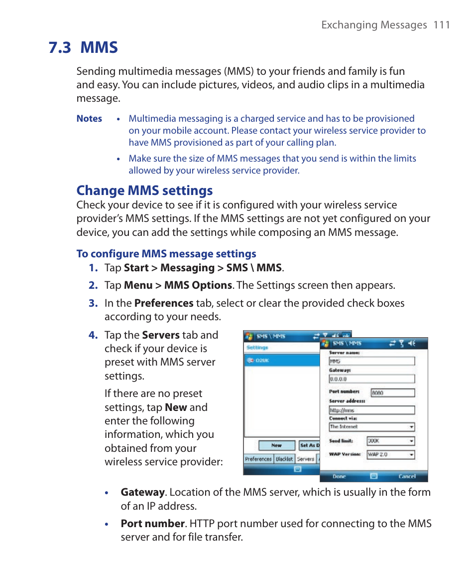 3 mms, Change mms settings | HTC Xda orbit 2 User Manual | Page 111 / 246