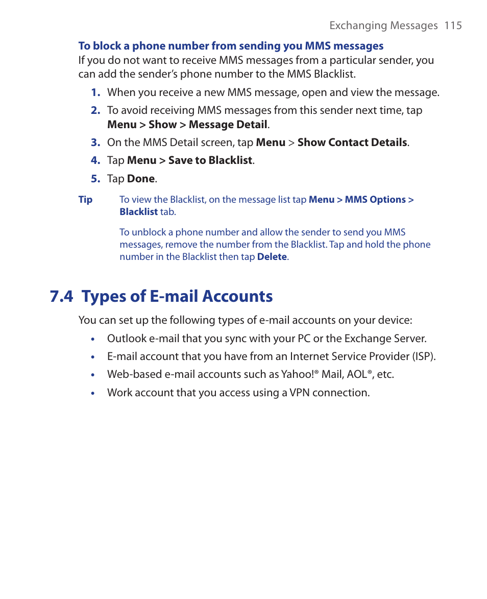 4 types of e-mail accounts | HTC Xda orbit 2 User Manual | Page 115 / 246