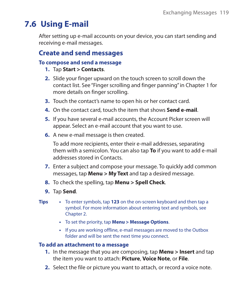 6 using e-mail, Create and send messages | HTC Xda orbit 2 User Manual | Page 119 / 246