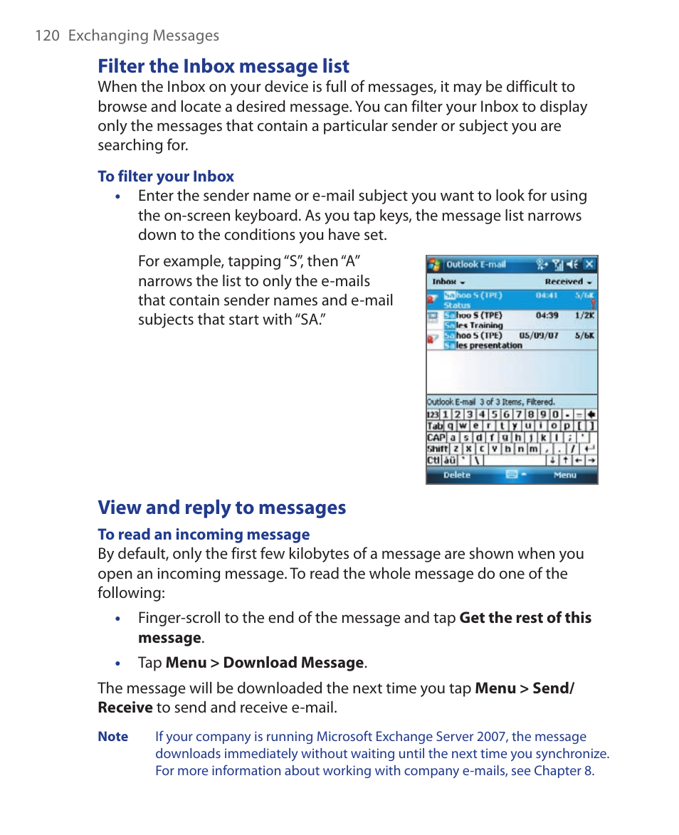 Filter the inbox message list, View and reply to messages | HTC Xda orbit 2 User Manual | Page 120 / 246