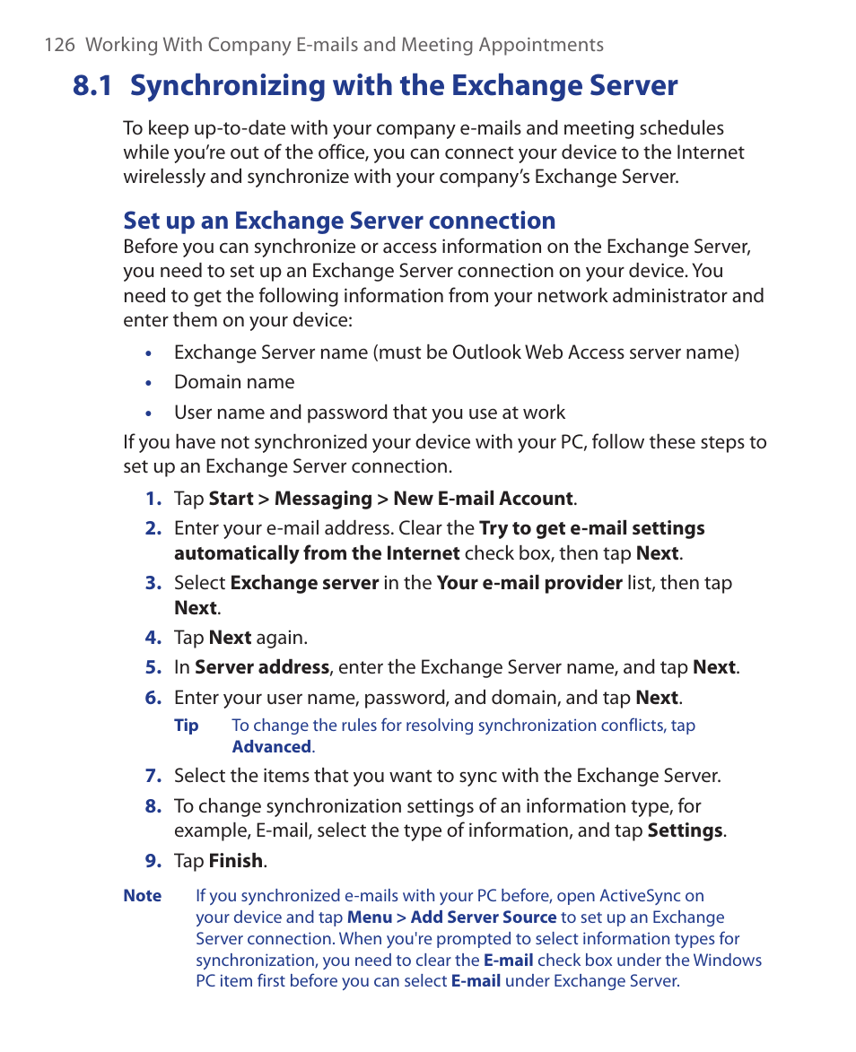 1 synchronizing with the exchange server, 1 synchronizing with the exchange, Server | Set up an exchange server connection | HTC Xda orbit 2 User Manual | Page 126 / 246