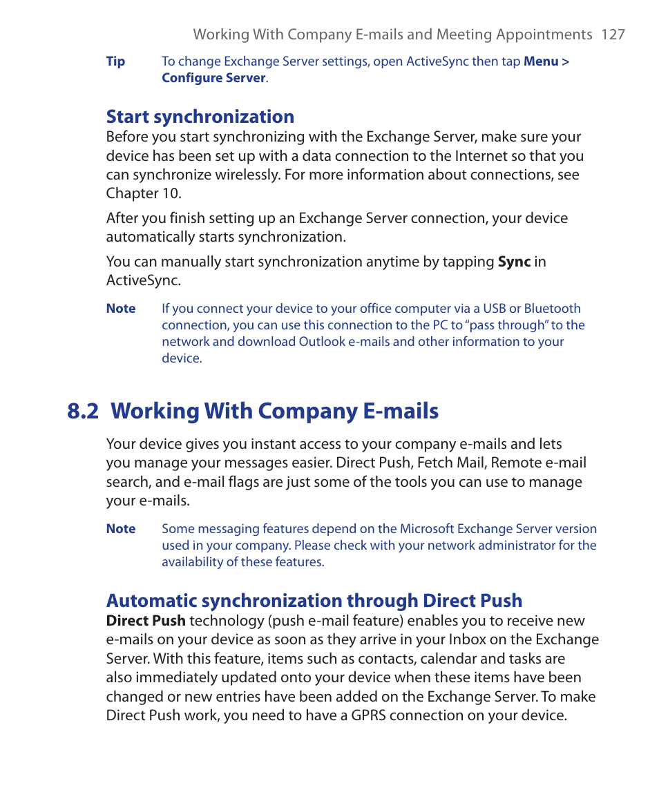 2 working with company e-mails, Start synchronization, Automatic synchronization through direct push | HTC Xda orbit 2 User Manual | Page 127 / 246