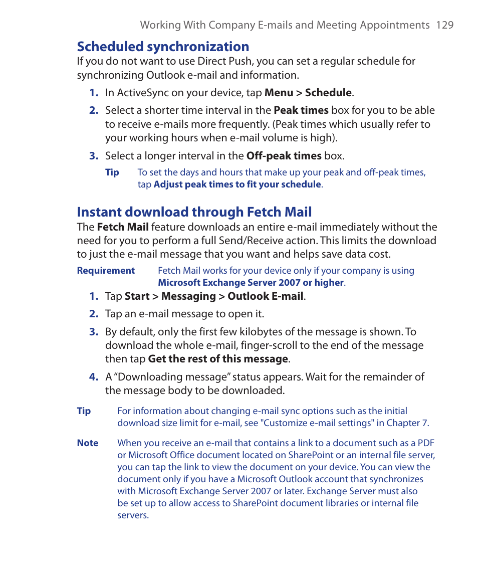 Scheduled synchronization, Instant download through fetch mail | HTC Xda orbit 2 User Manual | Page 129 / 246