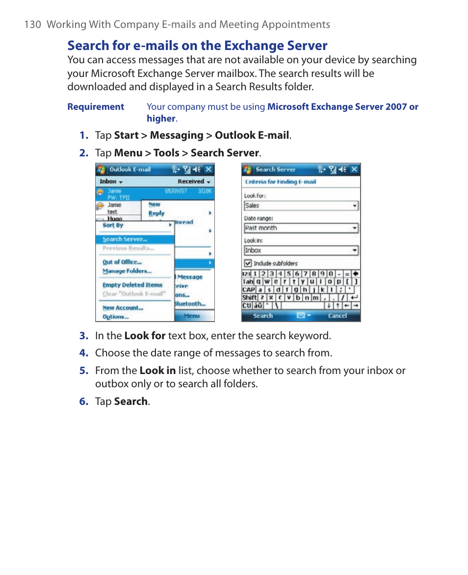 Search for e-mails on the exchange server | HTC Xda orbit 2 User Manual | Page 130 / 246