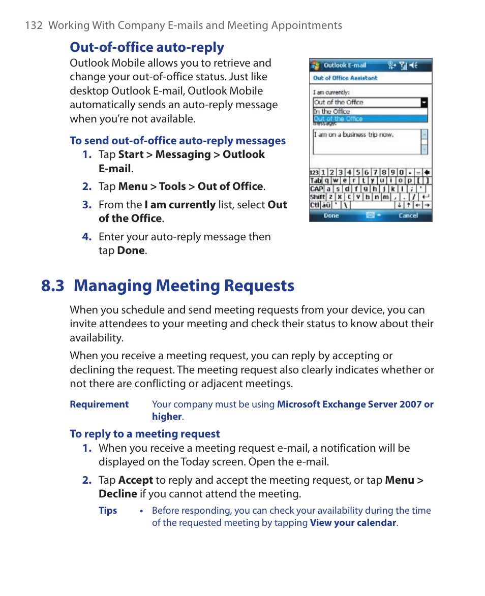 3 managing meeting requests, Out-of-office auto-reply | HTC Xda orbit 2 User Manual | Page 132 / 246