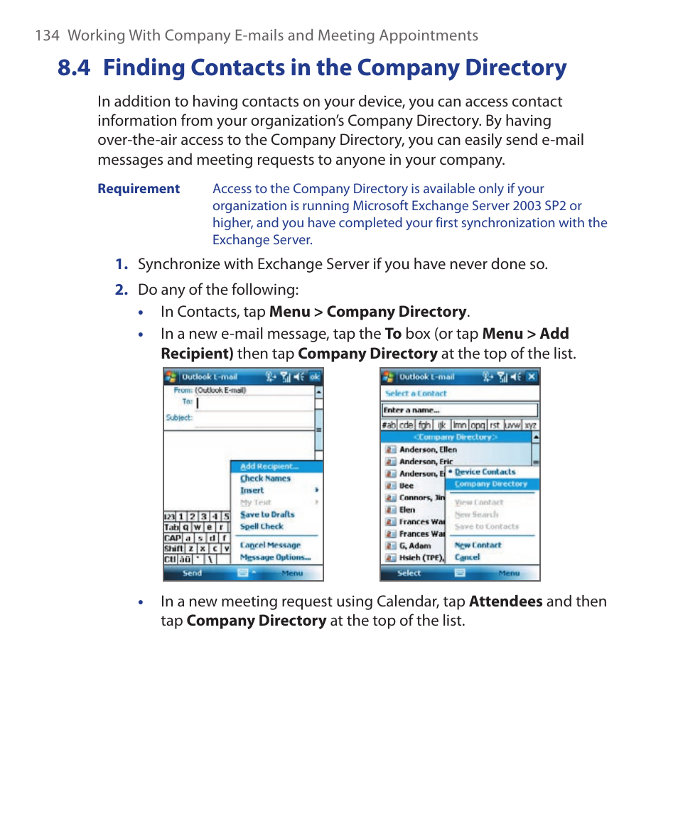 4 finding contacts in the company directory, 4 finding contacts in the company, Directory | HTC Xda orbit 2 User Manual | Page 134 / 246