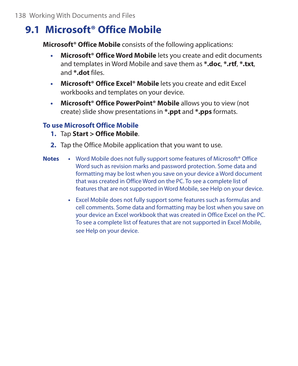 1 microsoft® office mobile | HTC Xda orbit 2 User Manual | Page 138 / 246