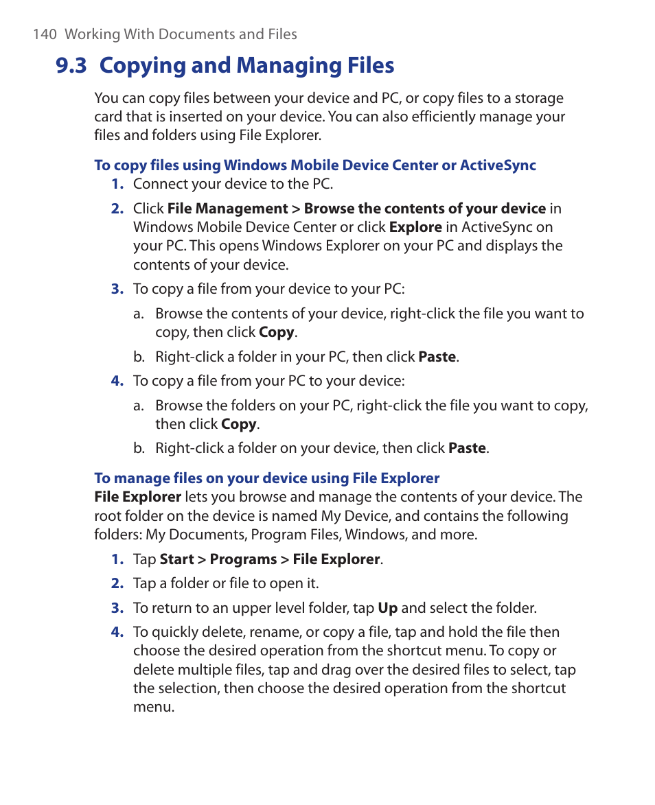 3 copying and managing files | HTC Xda orbit 2 User Manual | Page 140 / 246