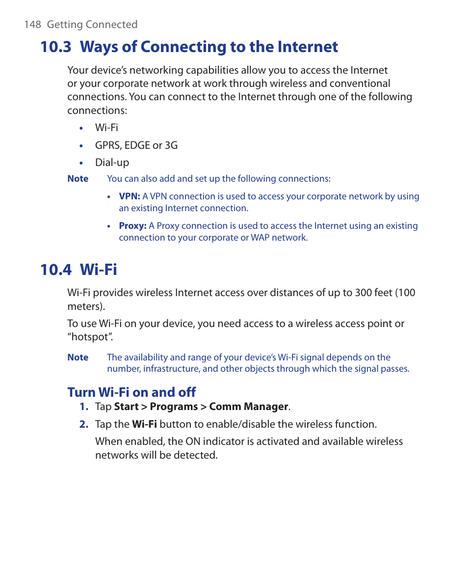 3 ways of connecting to the internet, 4 wi-fi, 3 ways of connecting to | The internet, Turn wi-fi on and off | HTC Xda orbit 2 User Manual | Page 148 / 246