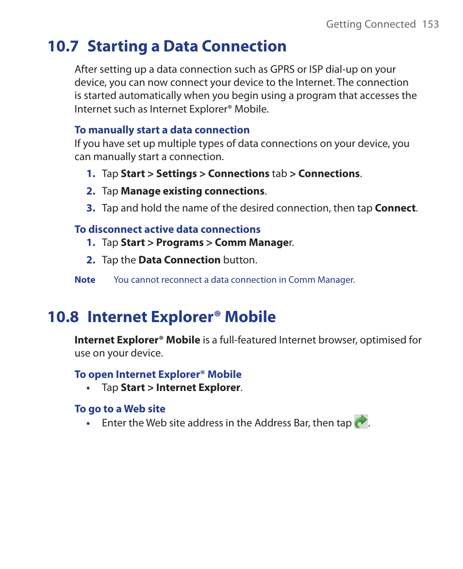 7 starting a data connection, 8 internet explorer® mobile | HTC Xda orbit 2 User Manual | Page 153 / 246