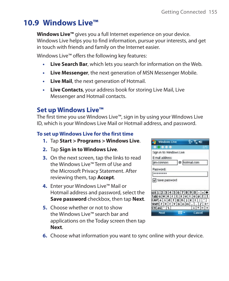 9 windows live, Set up windows live | HTC Xda orbit 2 User Manual | Page 155 / 246