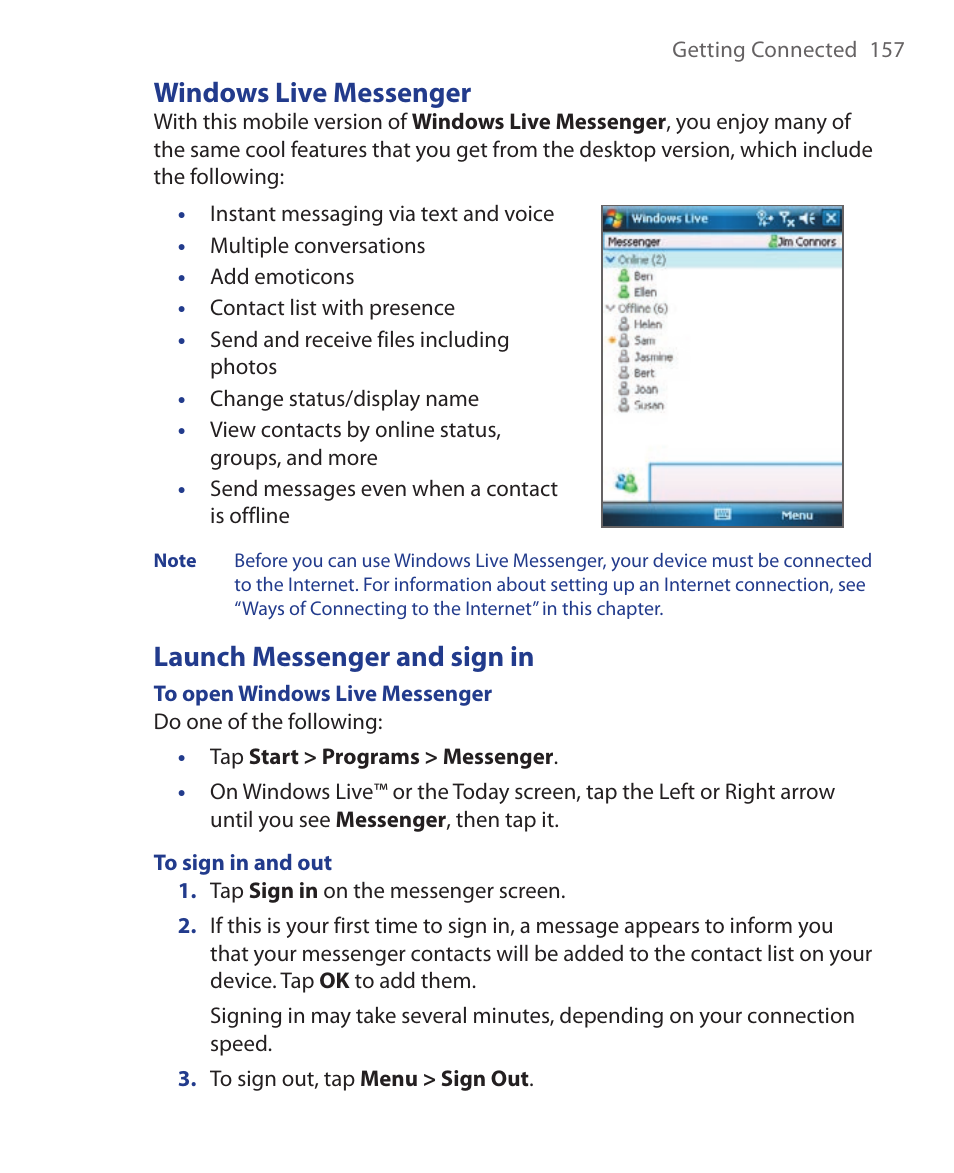 Windows live messenger, Launch messenger and sign in | HTC Xda orbit 2 User Manual | Page 157 / 246