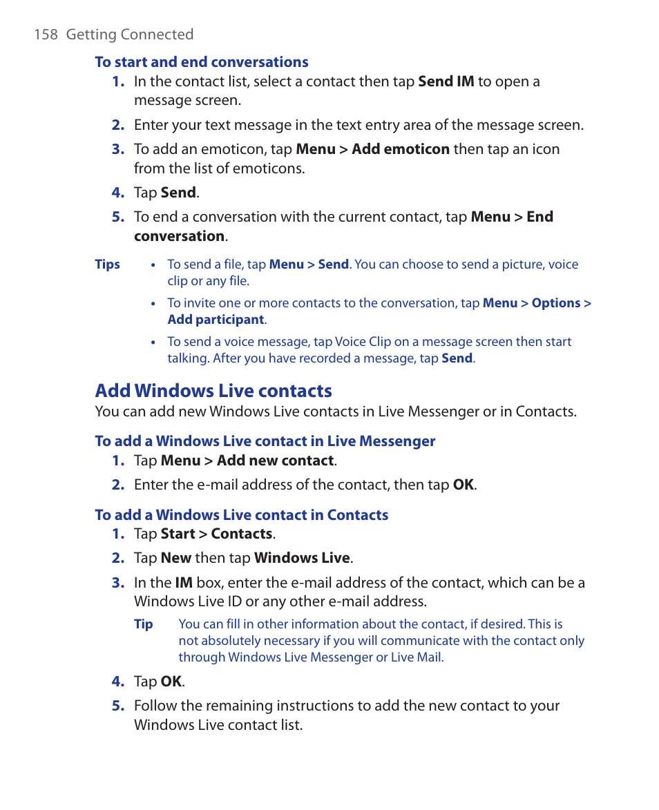 Add windows live contacts | HTC Xda orbit 2 User Manual | Page 158 / 246