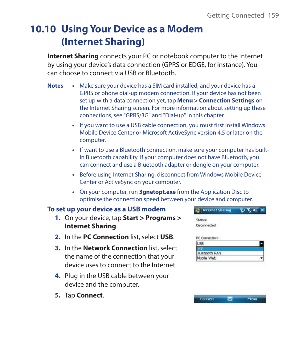10 using your device as a modem, Internet sharing), 10 using your device as a modem (internet sharing) | HTC Xda orbit 2 User Manual | Page 159 / 246