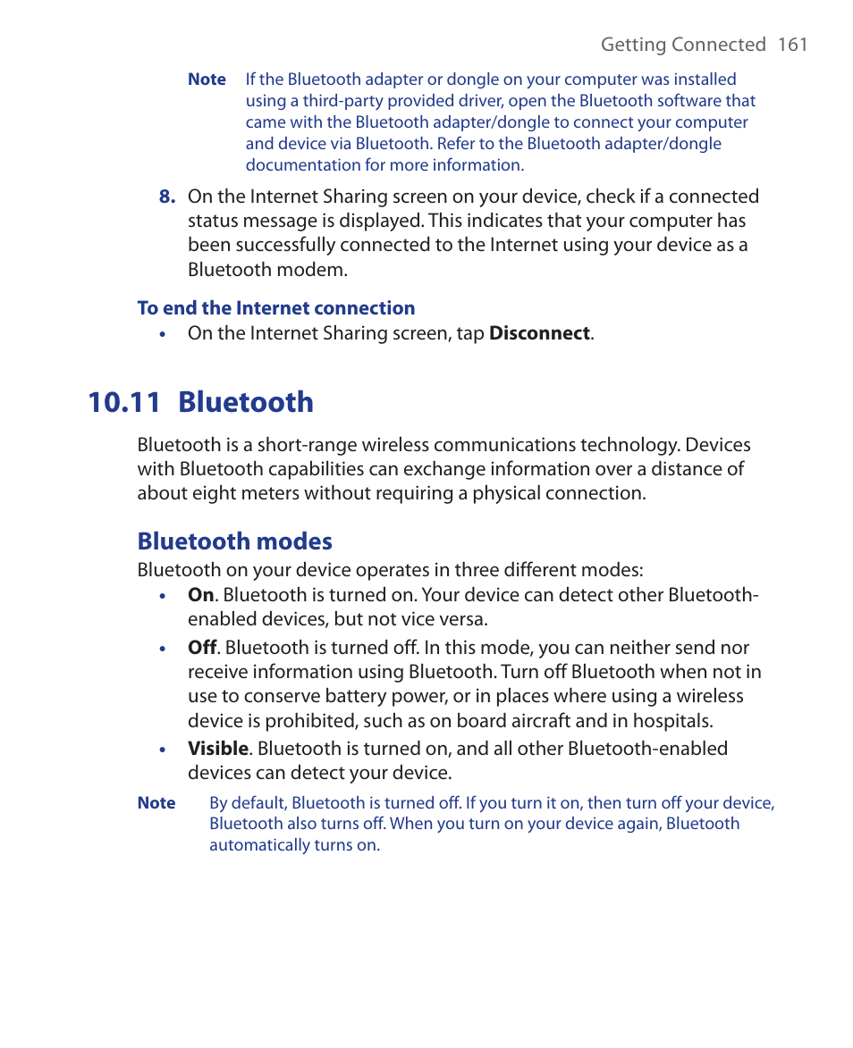 11 bluetooth, Bluetooth modes | HTC Xda orbit 2 User Manual | Page 161 / 246