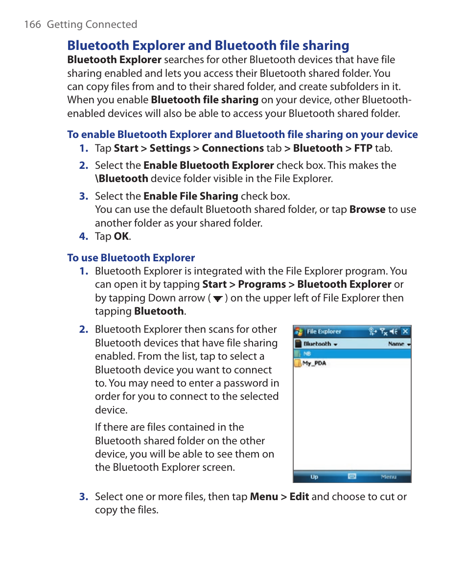Bluetooth explorer and bluetooth file sharing | HTC Xda orbit 2 User Manual | Page 166 / 246