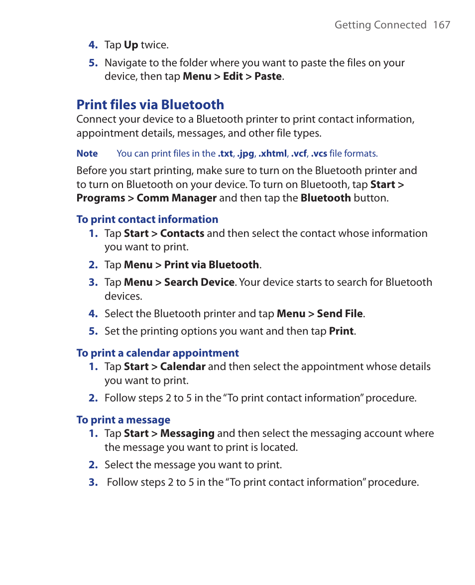 Print files via bluetooth | HTC Xda orbit 2 User Manual | Page 167 / 246