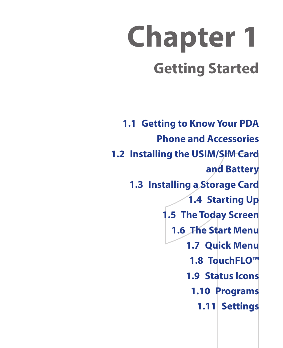 Chapter 1, Getting started | HTC Xda orbit 2 User Manual | Page 17 / 246