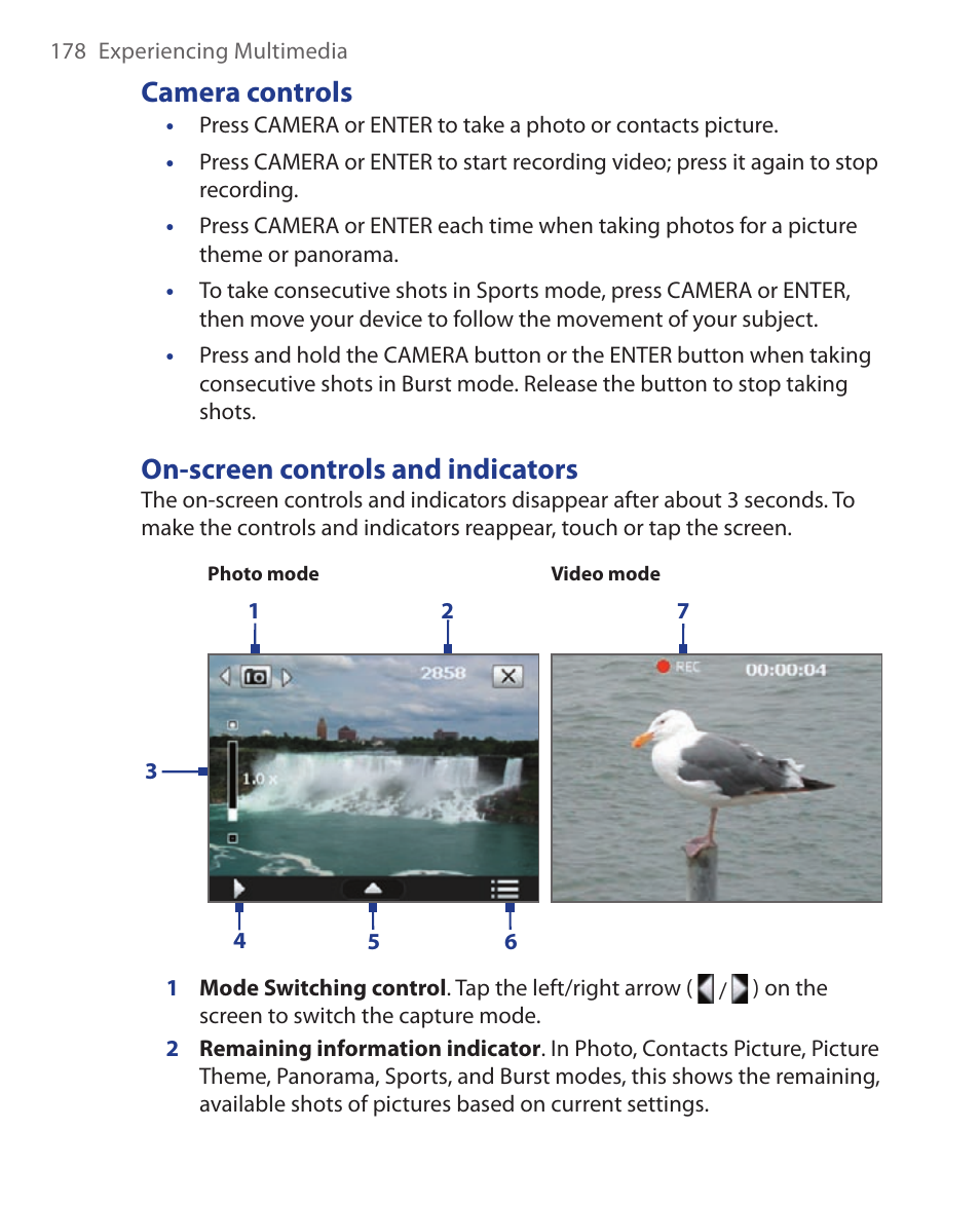 Camera controls, On-screen controls and indicators | HTC Xda orbit 2 User Manual | Page 178 / 246