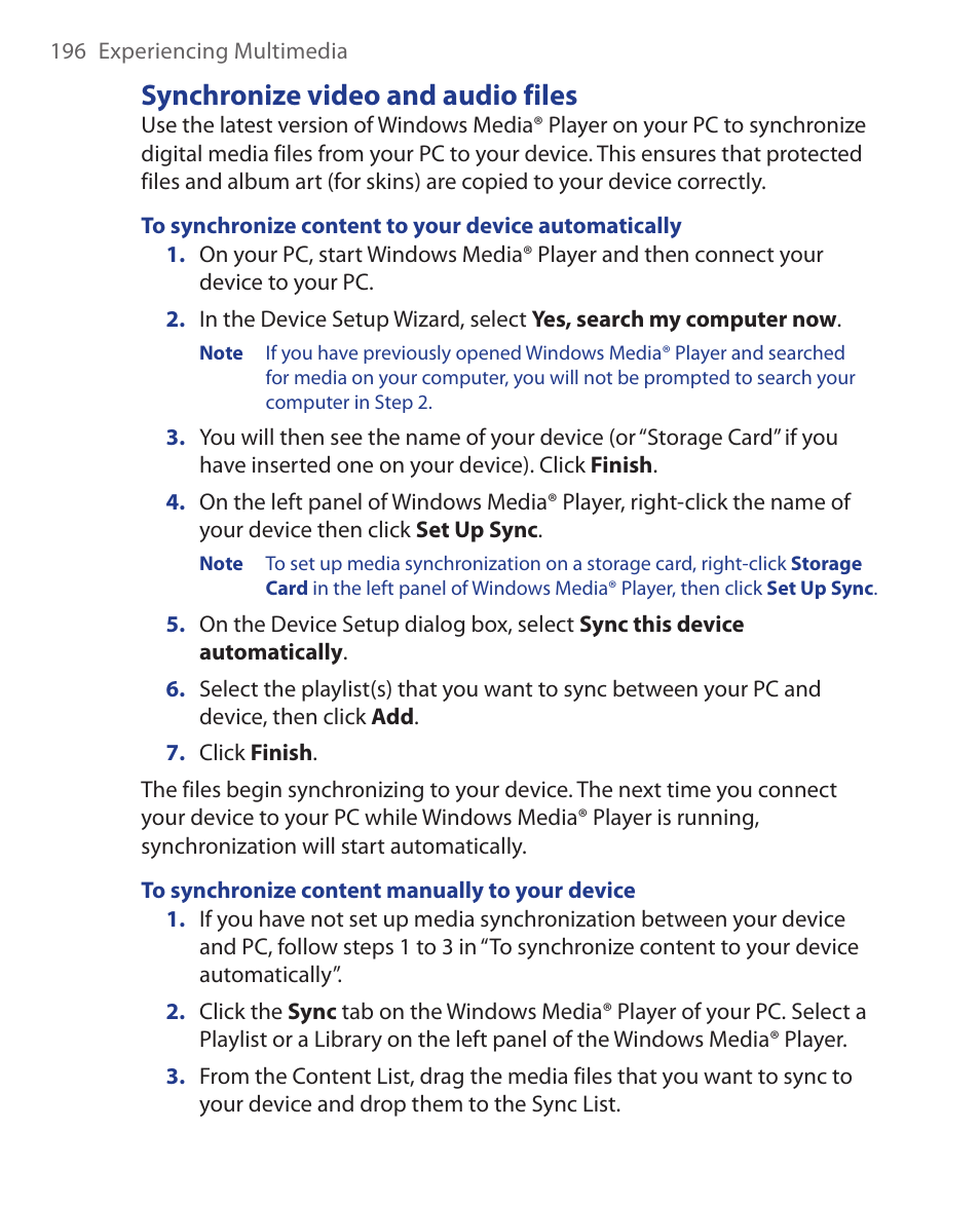 Synchronize video and audio files | HTC Xda orbit 2 User Manual | Page 196 / 246