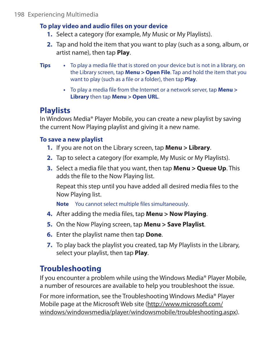 Playlists, Troubleshooting | HTC Xda orbit 2 User Manual | Page 198 / 246