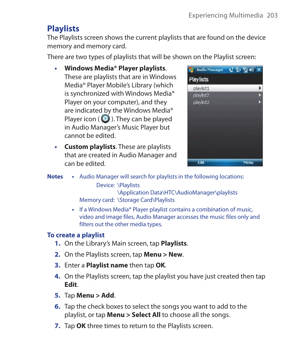 Playlists | HTC Xda orbit 2 User Manual | Page 203 / 246