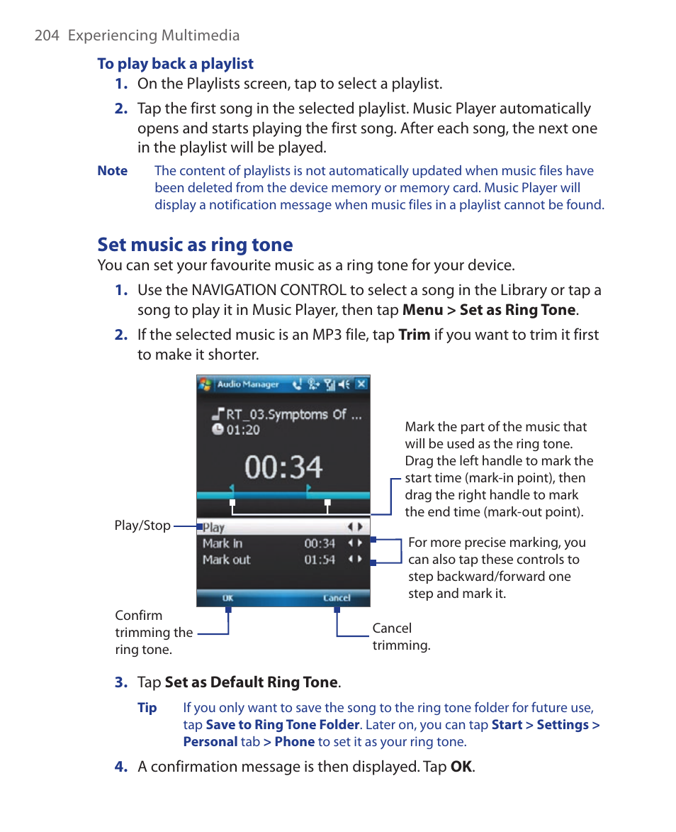 Set music as ring tone | HTC Xda orbit 2 User Manual | Page 204 / 246