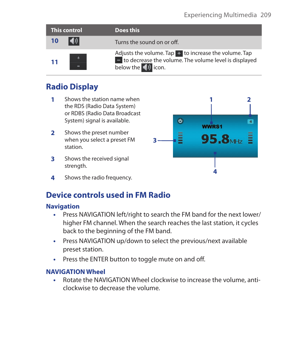 Radio display, Device controls used in fm radio | HTC Xda orbit 2 User Manual | Page 209 / 246