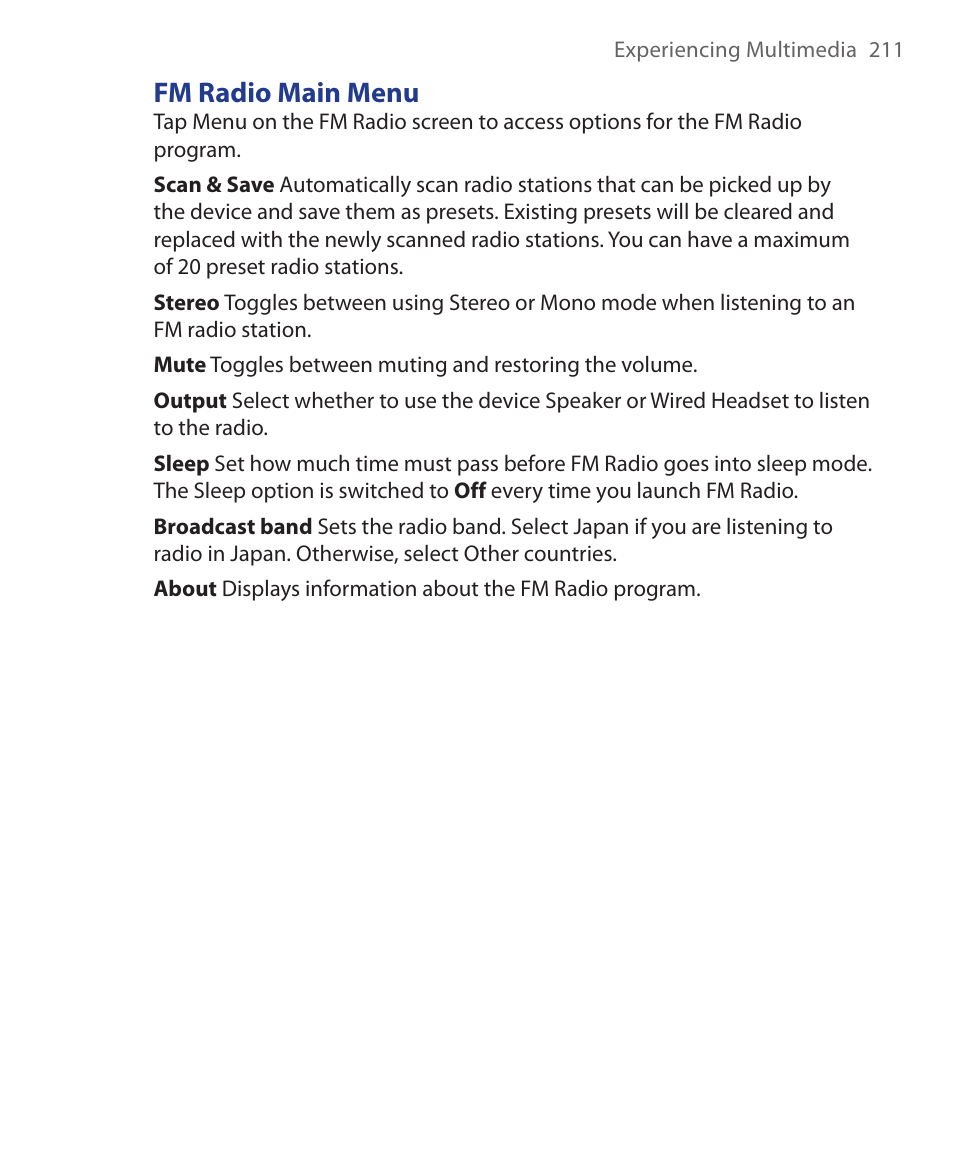 Fm radio main menu | HTC Xda orbit 2 User Manual | Page 211 / 246