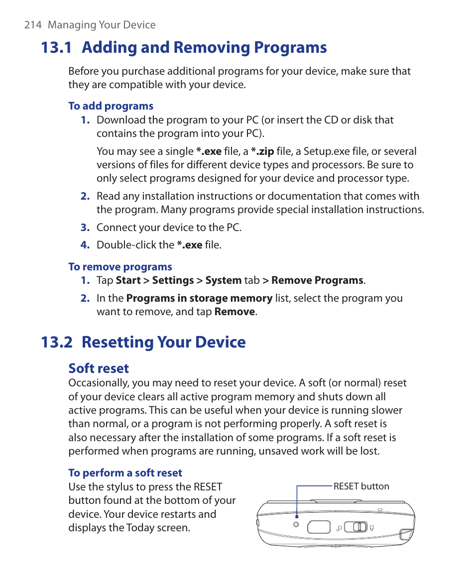 1 adding and removing programs, 2 resetting your device, Soft reset | HTC Xda orbit 2 User Manual | Page 214 / 246