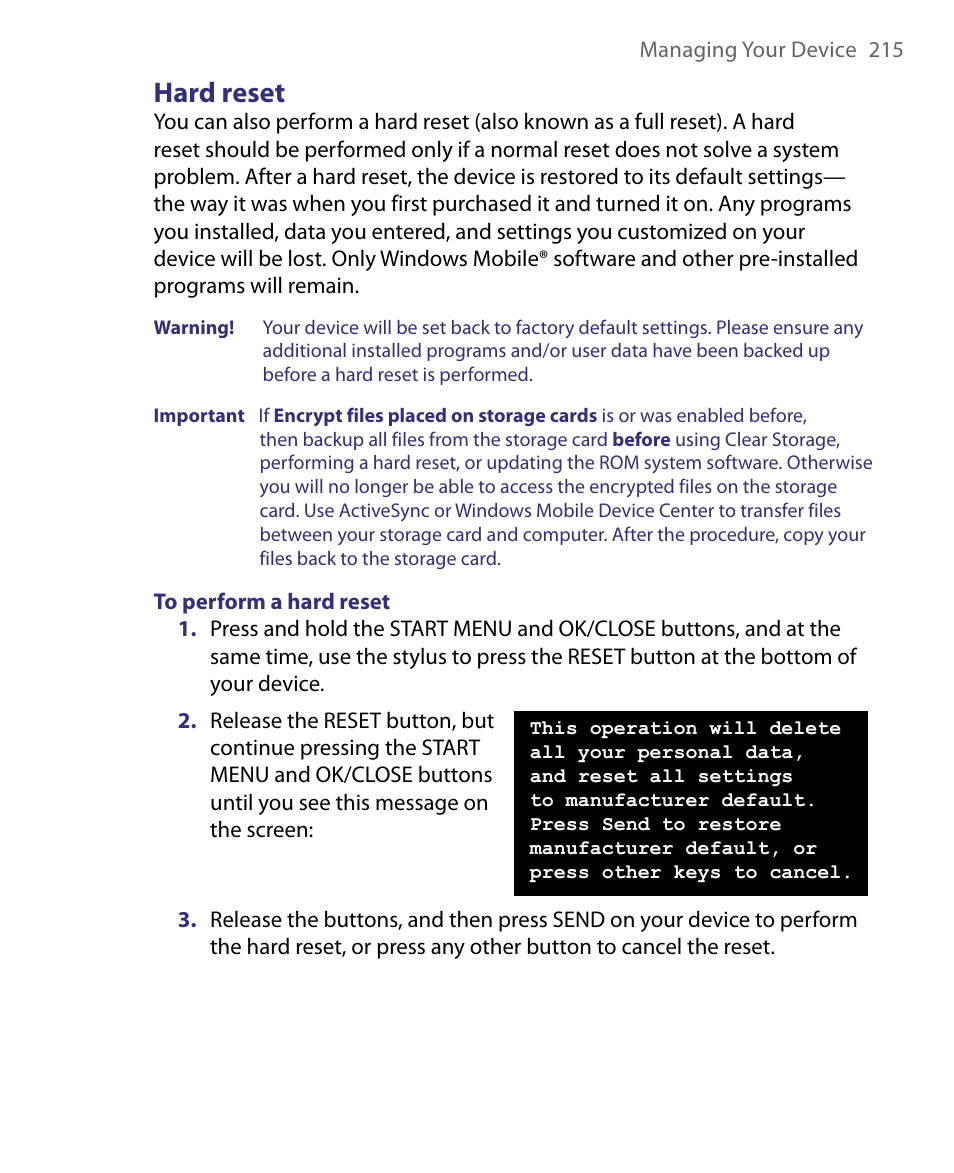 Hard reset | HTC Xda orbit 2 User Manual | Page 215 / 246