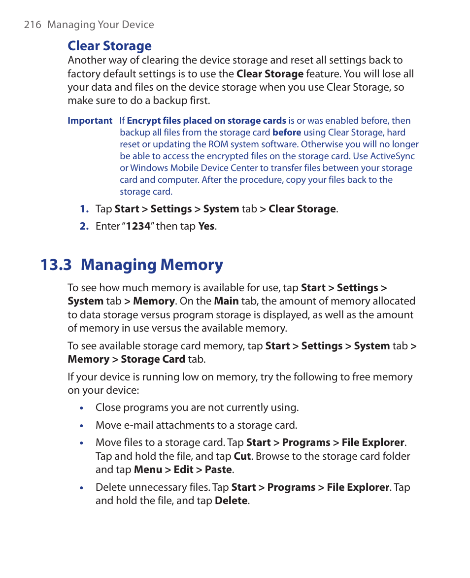3 managing memory, Clear storage | HTC Xda orbit 2 User Manual | Page 216 / 246