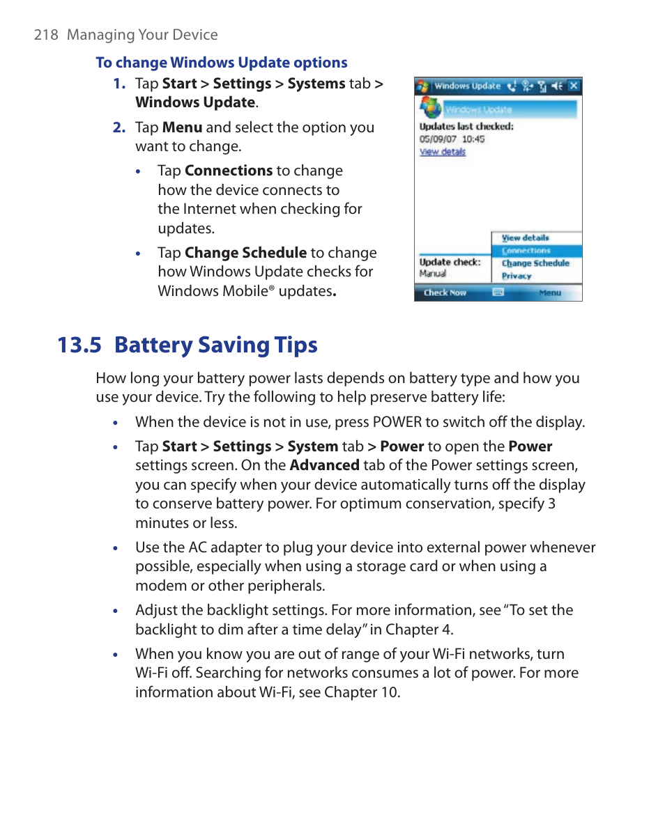 5 battery saving tips | HTC Xda orbit 2 User Manual | Page 218 / 246