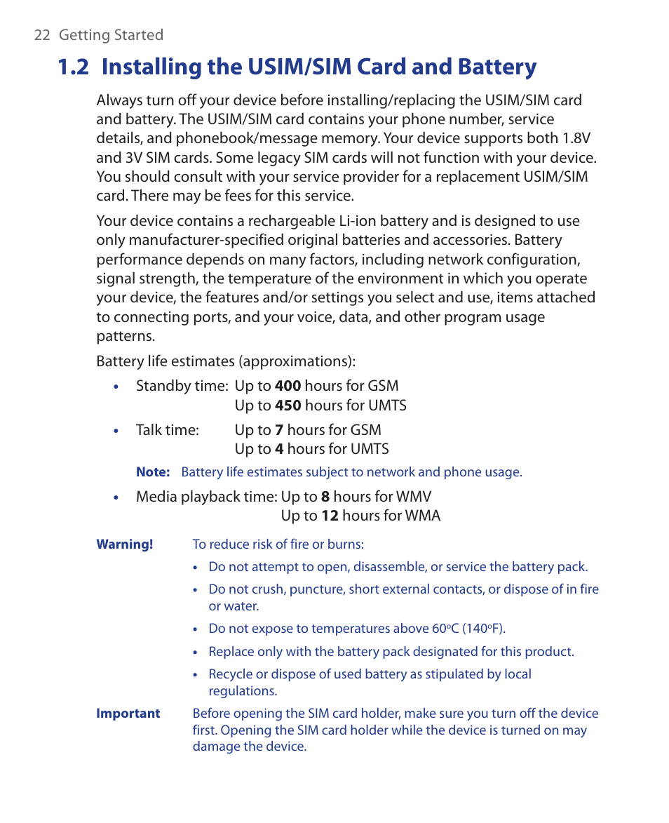 2 installing the usim/sim card and battery, 2 installing the usim/sim card, And battery | HTC Xda orbit 2 User Manual | Page 22 / 246
