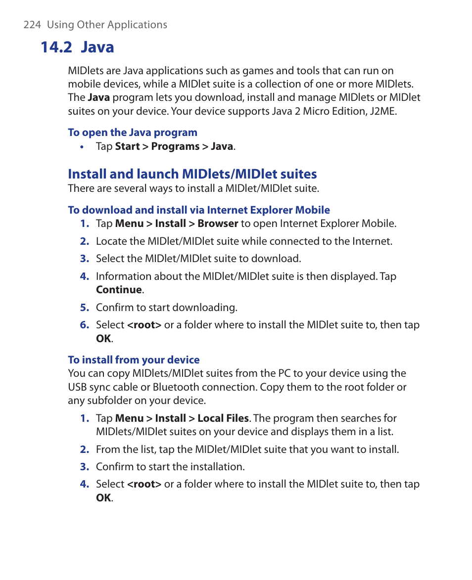 2 java, Install and launch midlets/midlet suites | HTC Xda orbit 2 User Manual | Page 224 / 246