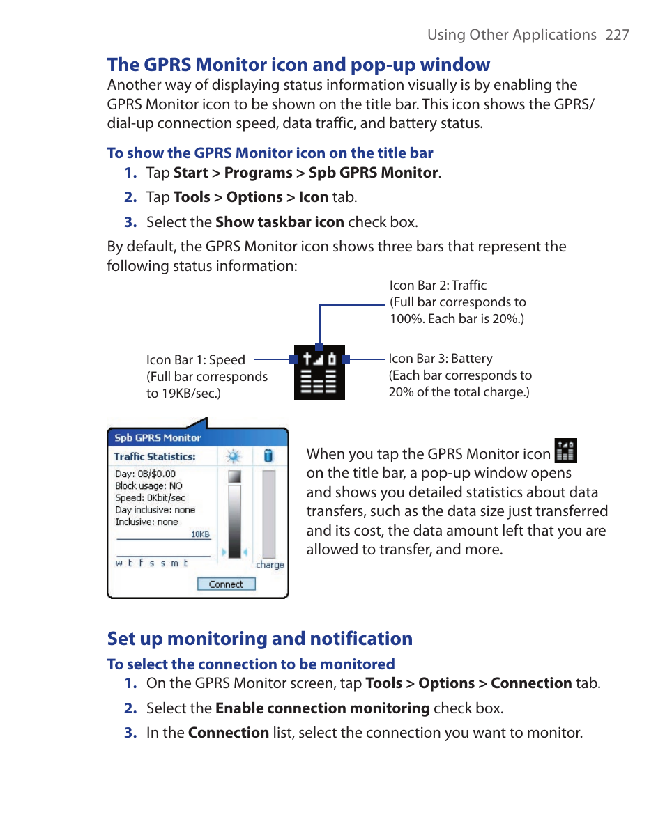 The gprs monitor icon and pop-up window, Set up monitoring and notification | HTC Xda orbit 2 User Manual | Page 227 / 246