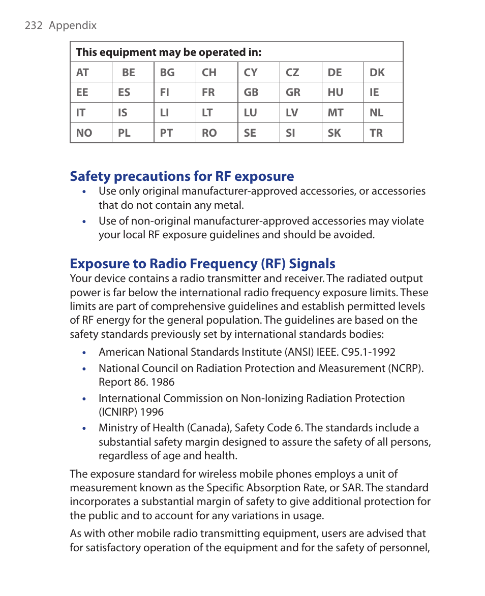 Safety precautions for rf exposure, Exposure to radio frequency (rf) signals | HTC Xda orbit 2 User Manual | Page 232 / 246