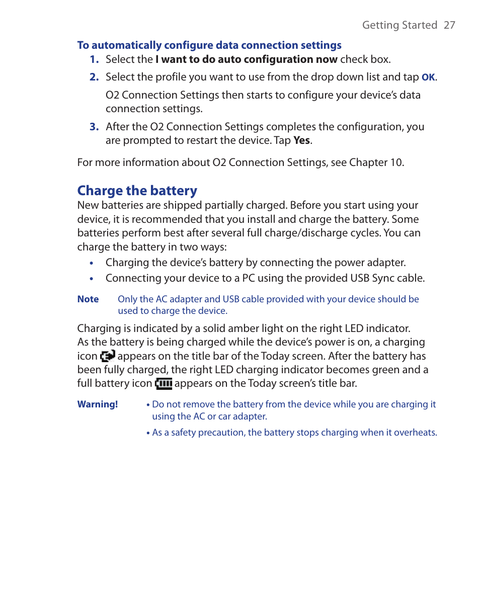 Charge the battery | HTC Xda orbit 2 User Manual | Page 27 / 246