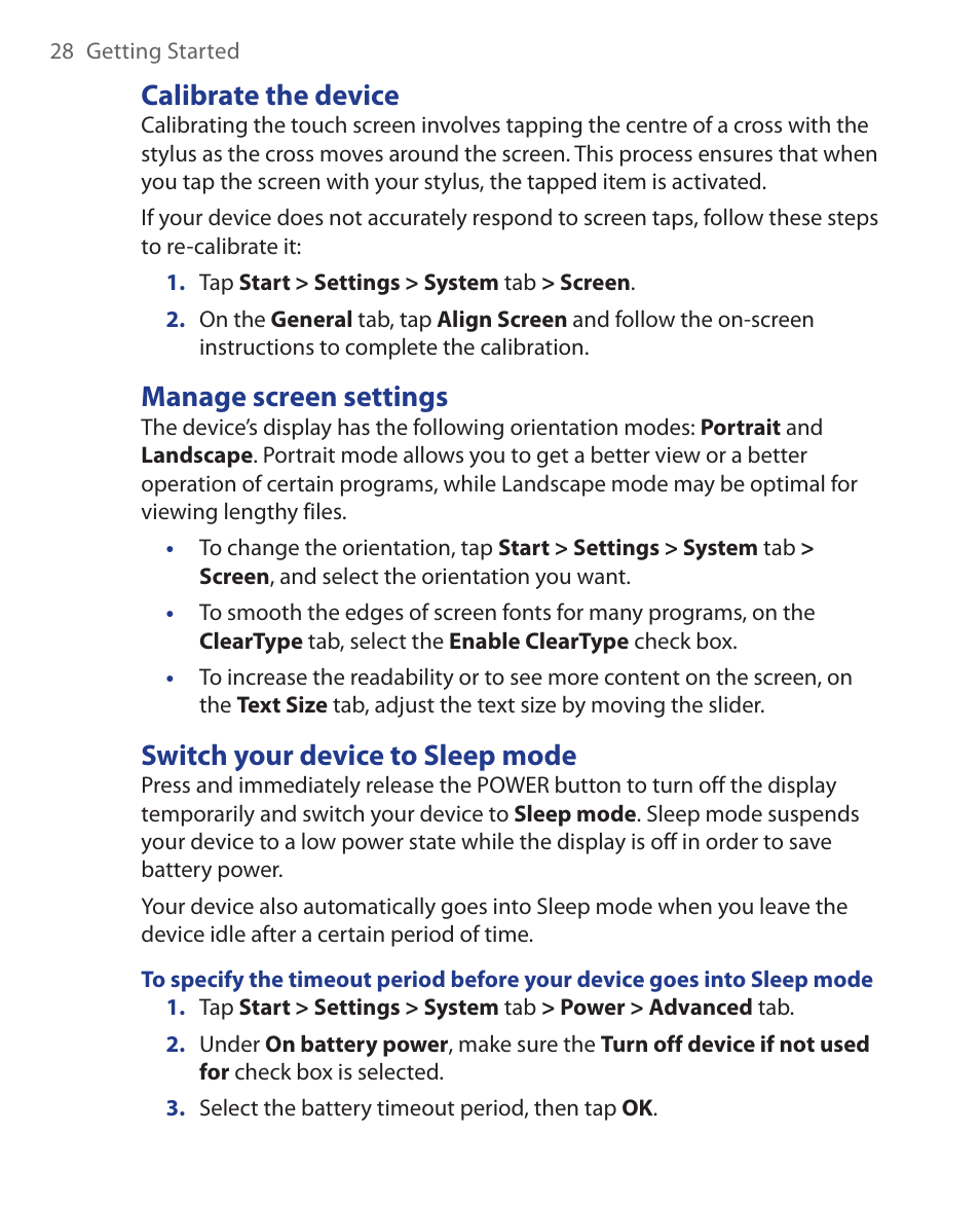 Calibrate the device, Manage screen settings, Switch your device to sleep mode | HTC Xda orbit 2 User Manual | Page 28 / 246