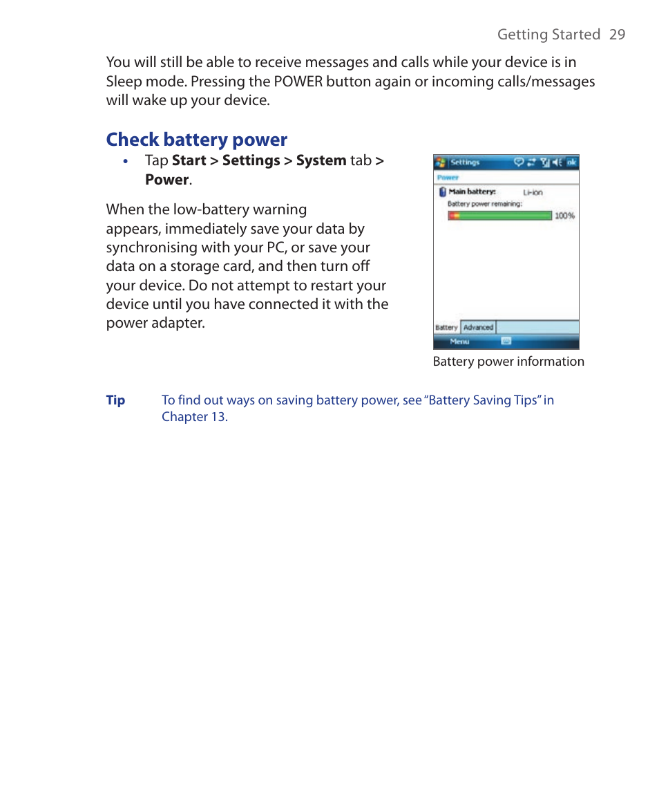 Check battery power | HTC Xda orbit 2 User Manual | Page 29 / 246