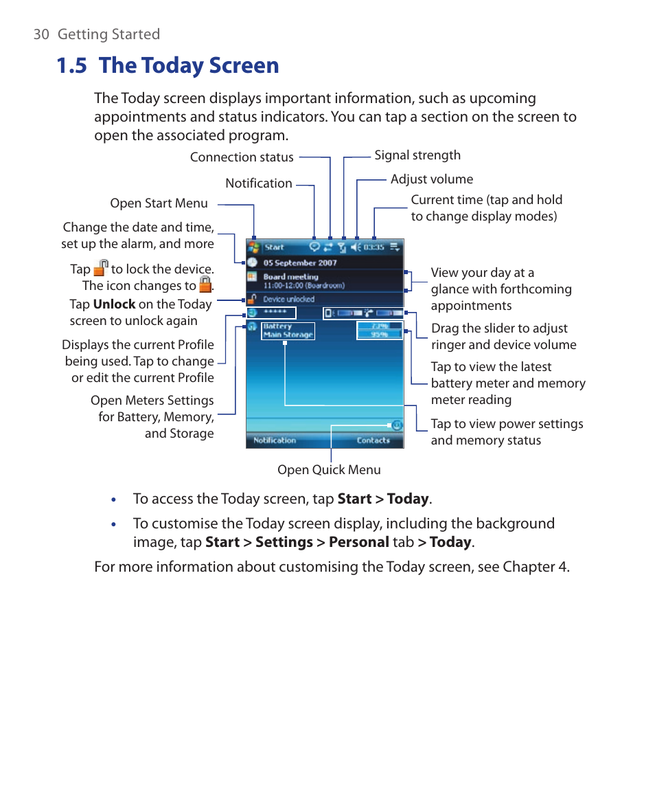 5 the today screen | HTC Xda orbit 2 User Manual | Page 30 / 246