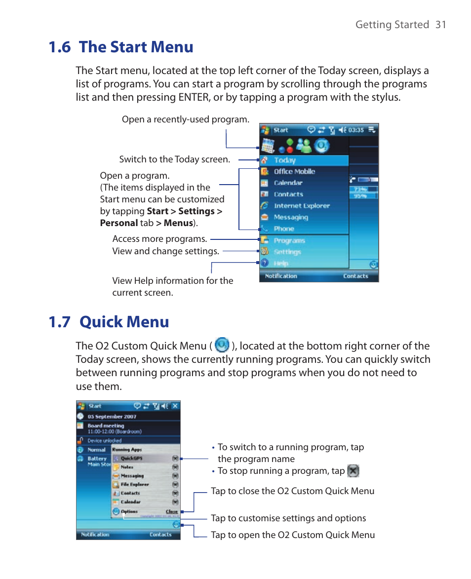 6 the start menu, 7 quick menu | HTC Xda orbit 2 User Manual | Page 31 / 246