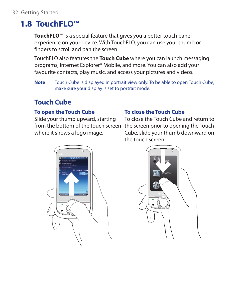 8 touchflo, Touch cube | HTC Xda orbit 2 User Manual | Page 32 / 246